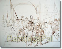 Oil painting process of The Night Watch by Rembrandt van Rijn (step 1)